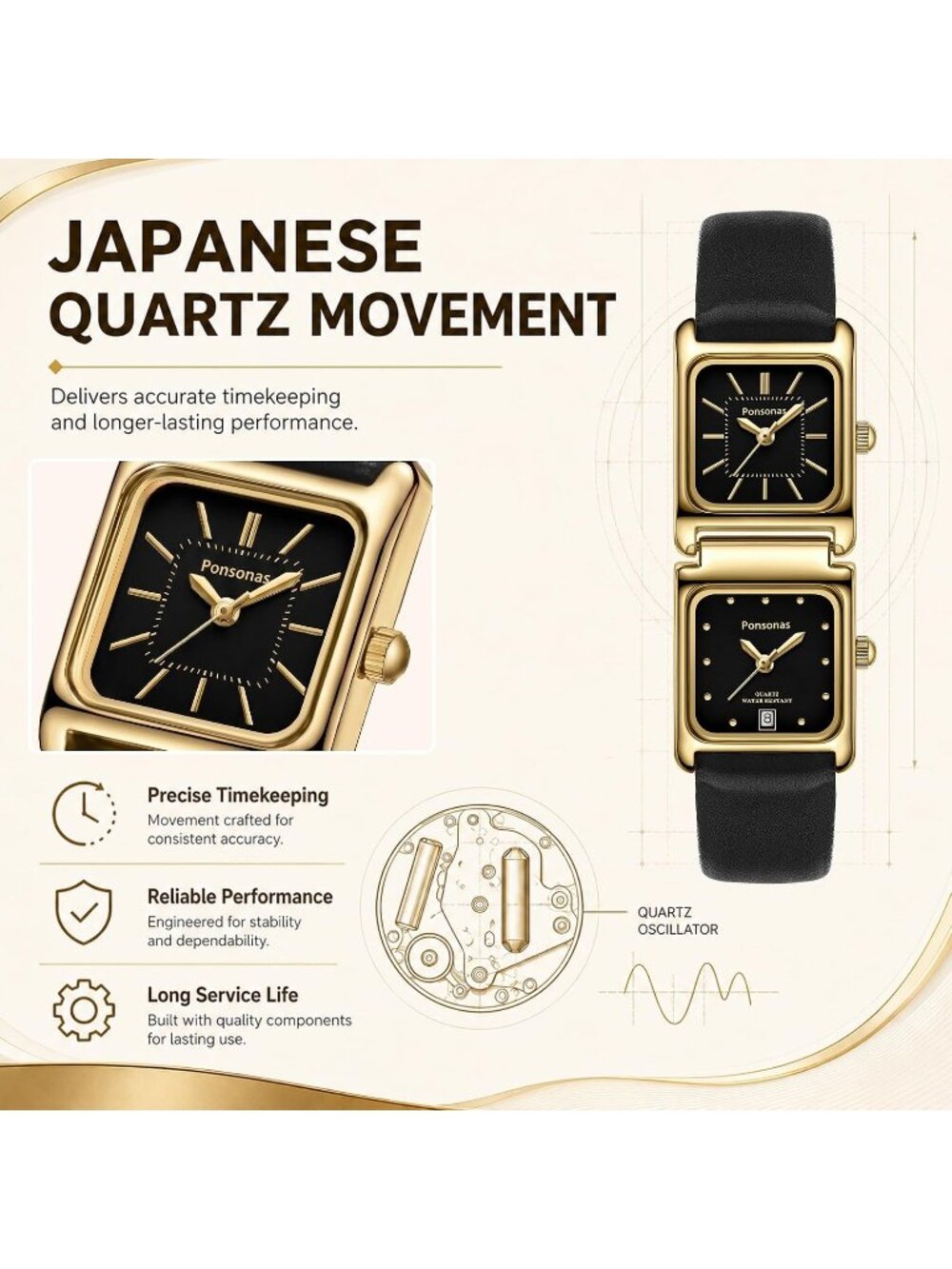 Women's All Black Leather Quartz Dual Square Dial Vintage Dress Wrist Watches - Picture 4 of 7